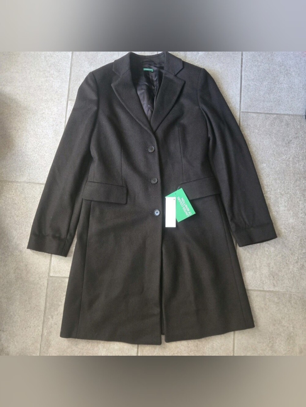 Benetton Black Tailored Wool Blend Overcoat Coat 40 US 4 6 NWT